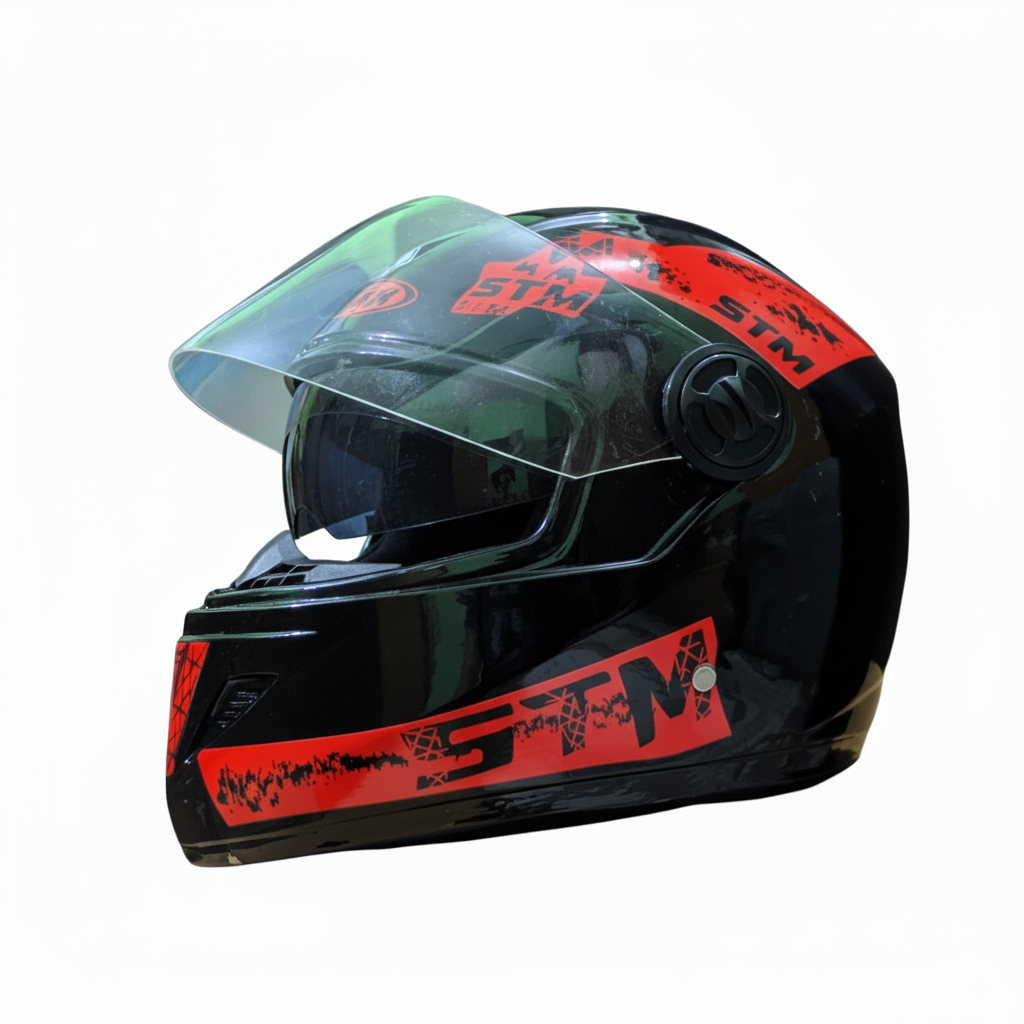 The STM Full Face Helmet with Red & Black Stylish Graphics. budget-friendly helmet designed for basic protection.- Red